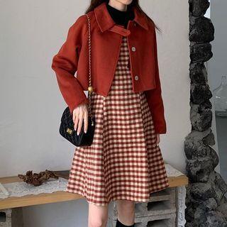 Button Jacket / Plaid Strappy A-line Dress