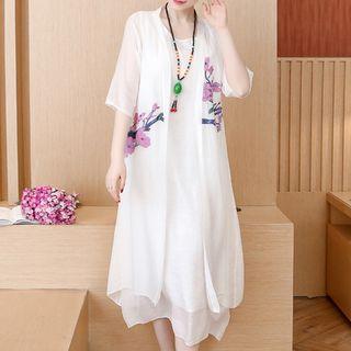 Set: Sleeveless Midi Dress + Floral Light Jacket