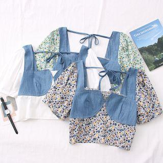 Denim-panel Square-neck Crop Top