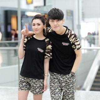 Couple Matching Camo Panel Short Sleeve Baseball T-shirt