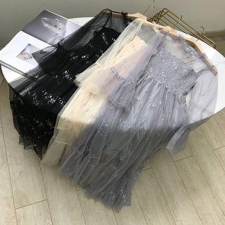 Long-sleeved Mesh Bling Bling Dress