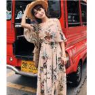 Elbow-sleeve Cutout Floral Print Midi Dress
