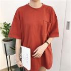 Plain Pocketed Elbow-sleeve T-shirt