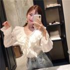 Bell-sleeve Ruffle-trim Blouse White - One Size