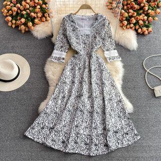 Elbow Sleeve Sailor Collar Lace Dress