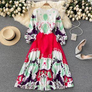 Round-neck Color Block Panel Print Puff-sleeve Dress
