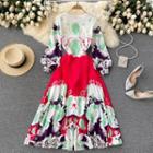 Round-neck Color Block Panel Print Puff-sleeve Dress