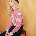 Long-sleeve Lace-panel Gingham Blouse