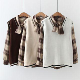 Set: Plaid Tie-neck Shirt + Contrast Trim Sweater Vest