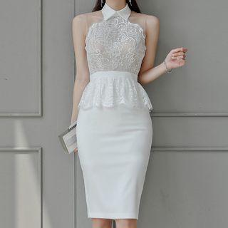 Halter-neck Lace Panel Peplum Dress