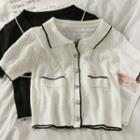 Eyelet Collared Button-up Knit Top
