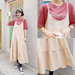 Spaghetti-strap Tiered Maxi Pinafore Dress