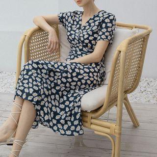 Floral Long Wrap Dress Dark Blue - One Size