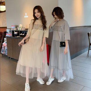 3/4-sleeve Mesh Paneled Letter Maxi T-shirt Dress / Paneled Printed T-shirt