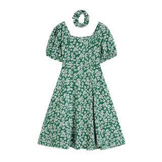 Set: Short-sleeve Floral Print Midi Dress + Scrunchie