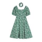 Set: Short-sleeve Floral Print Midi Dress + Scrunchie