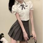 Short-sleeve Top / Pleated Skirt / Tie / Set