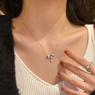 Bow Checker Rhinestone Glaze Pendant Alloy Necklace