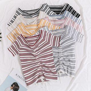 Lightweight Drawstring-front Striped Knit Top