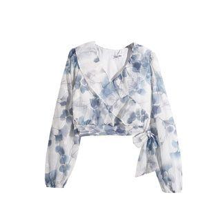 Ruffle Chiffon V Neck Floral Long Sleeve Crop Top