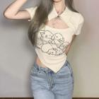 Short-sleeve Collar Cartoon Print Crop Top