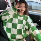 Long-sleeve Round Neck Check Loose-fit Sweater