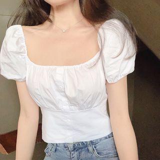 Puff-sleeve Crinkled Buttoned Cropped Top