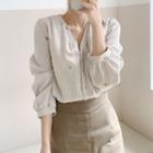 Flower-embroidery Cotton Blouse Beige - One Size