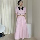 Puff-sleeve Contrast Collar Cropped Blouse / High-waist Midi A-line Skirt