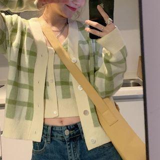 Set: Gingham Knit Camisole Top + Cardigan