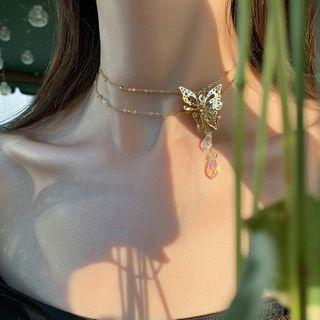 Faux Crystal Alloy Butterfly Choker Gold - One Size