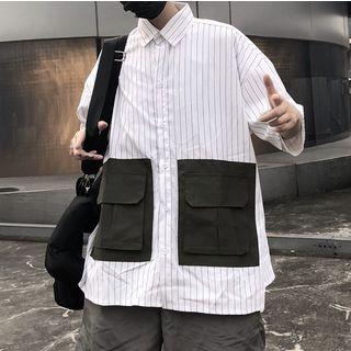 Couple Matching Striped Pocket Detail Elbow-sleeve Shirt