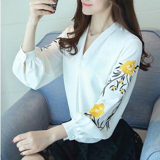 Print V-neck Long-sleeve Top
