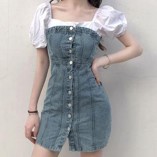 Mock Two-piece Puff-sleeve Denim Dress