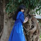 Set: Short-sleeve Sailor-collar Midi Dress + Knit Button-up Vest