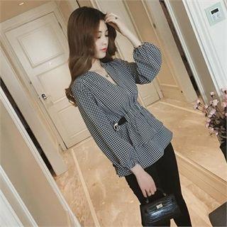 V-neck Tie-waist Check Blouse