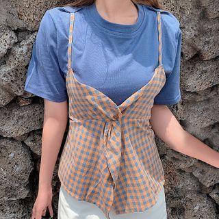 Mock Two-piece Gingham Panel Short-sleeve T-shirt