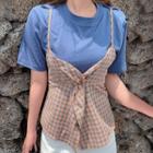 Mock Two-piece Gingham Panel Short-sleeve T-shirt