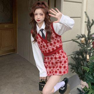 Plain Shirt / Heart Gingham Check Sweater Vest / Mini Skirt