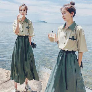 Short Sleeve Two Tone Cargo Midi Shirtdress