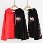 Tasseled Lace-up Floral Embroidered Two-tone Hoodie