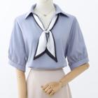 Elbow-sleeve Collared Tie-neck Blouse
