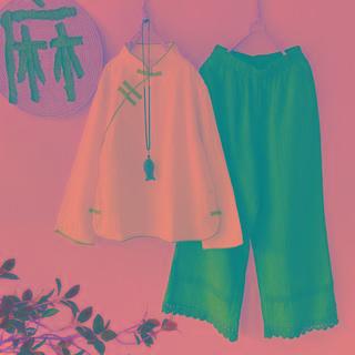 Knot Button-up Long-sleeve Top / Wide Leg Pants