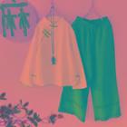 Knot Button-up Long-sleeve Top / Wide Leg Pants