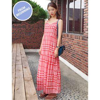 Spaghetti-strap Half-placket Plaid Long Dress