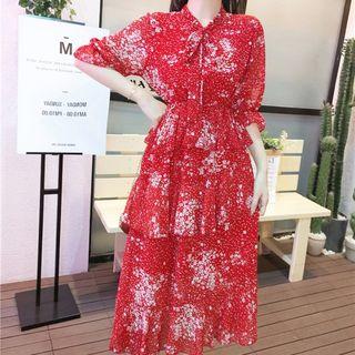 Elbow-sleeve Floral Midi Layered Dress
