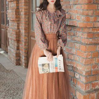 Set: Floral Ruffle Trim Long-sleeve Blouse + Lace Midi A-line Skirt