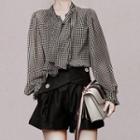 Set: Tie-neck Plaid Blouse + Shorts