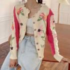 Floral Embroidered Knit Cardigan White & Pink - One Size