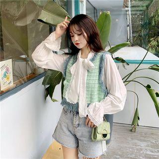 Bow Accent Shirt / Fringed Trim Knit Vest
